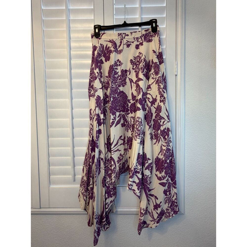 H&M Purple Cream Floral Handkerchief Hem Maxi Skirt Flowy Toile Print L
